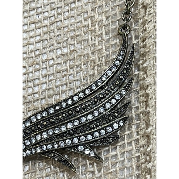 Angel Wings Pendant Necklace Antique Gold CZ Rhinestones Whimsigoth Fairy Grunge - Picture 3 of 8